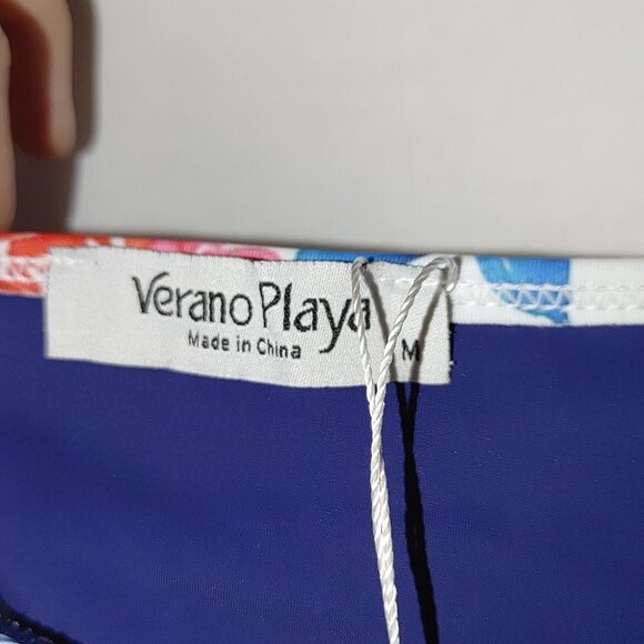 Verano Playa Bikini Top Flounce Pink White Blue Floral Rose Print Crop Top M - Picture 7 of 8